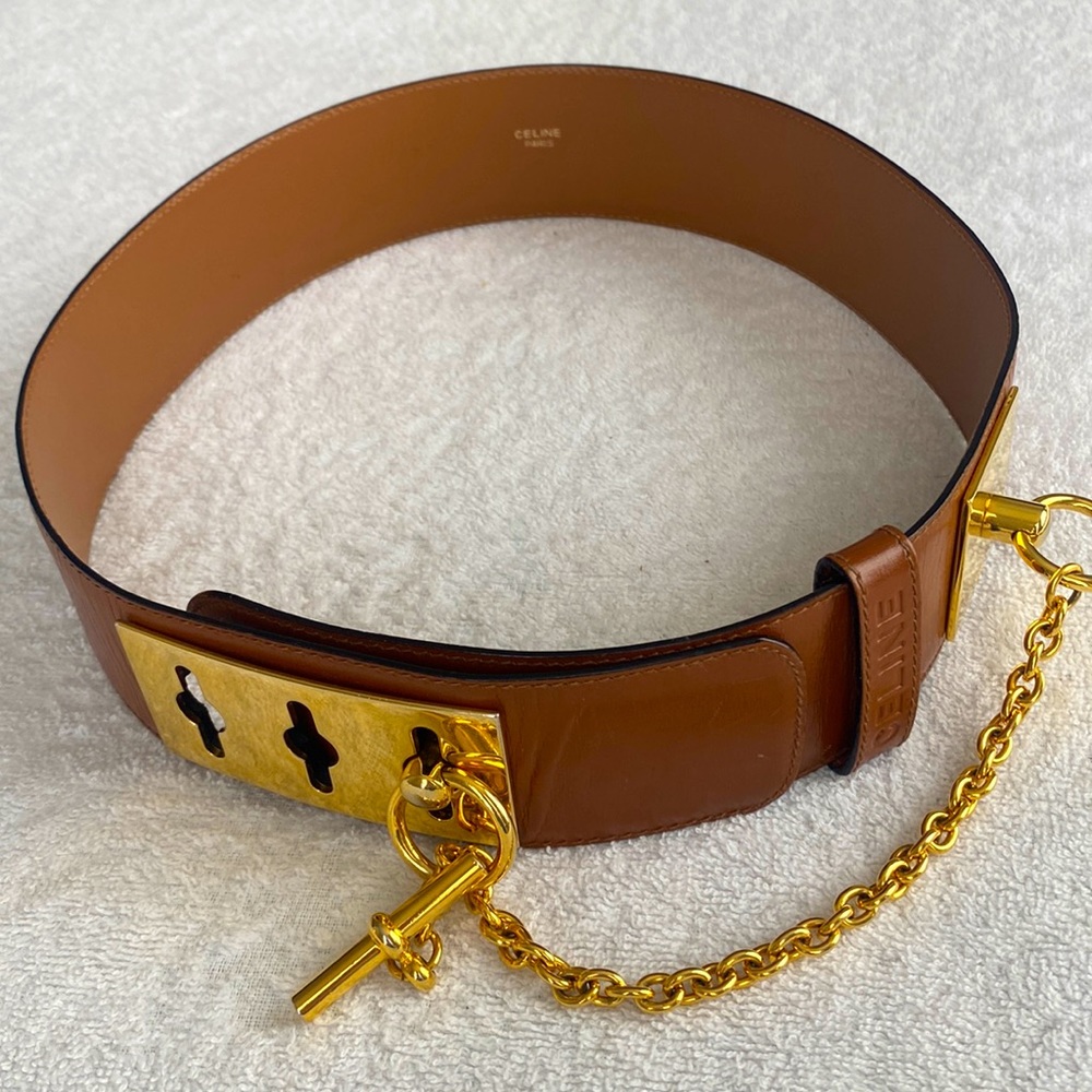 Vintage CÉLINE Tan Belt with adorned with Gold Accents. GORGEOUS!!! Size 70